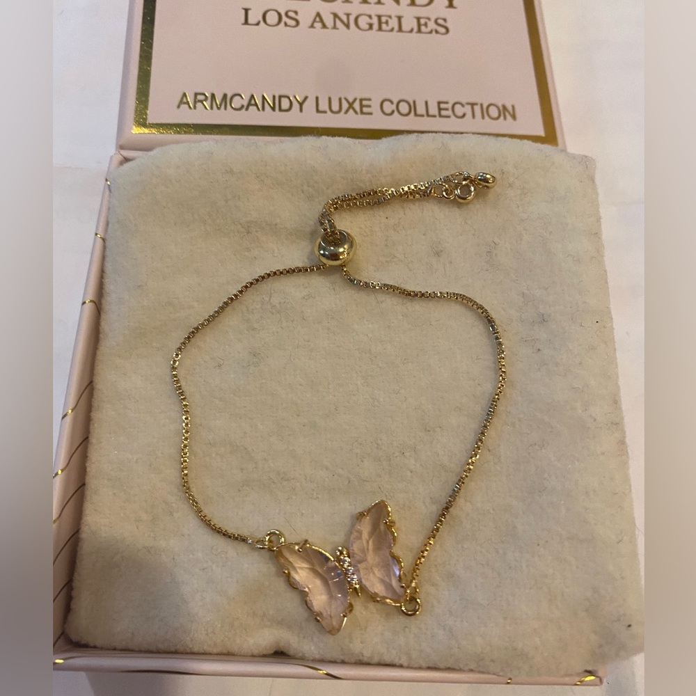 Eye Candy Los Angeles Gold bolo tennis style Bracelet pink rose quartz butterfly